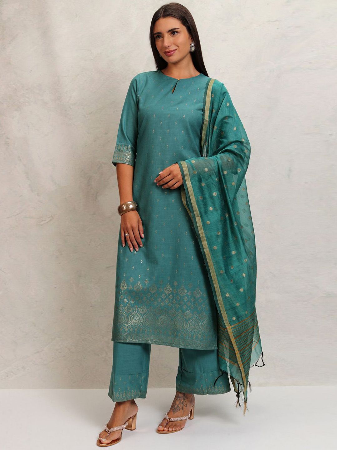 Vishudh Ethnic Motifs Printed Keyhole Neck Straight Kurta With Palazzos & Dupatta | Grab2Buy
