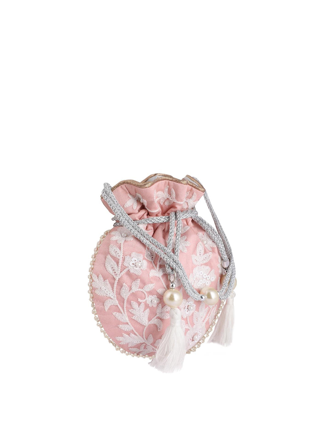 Masq Pink & White Embellished Embroidered Potli Clutch - Grab2buy