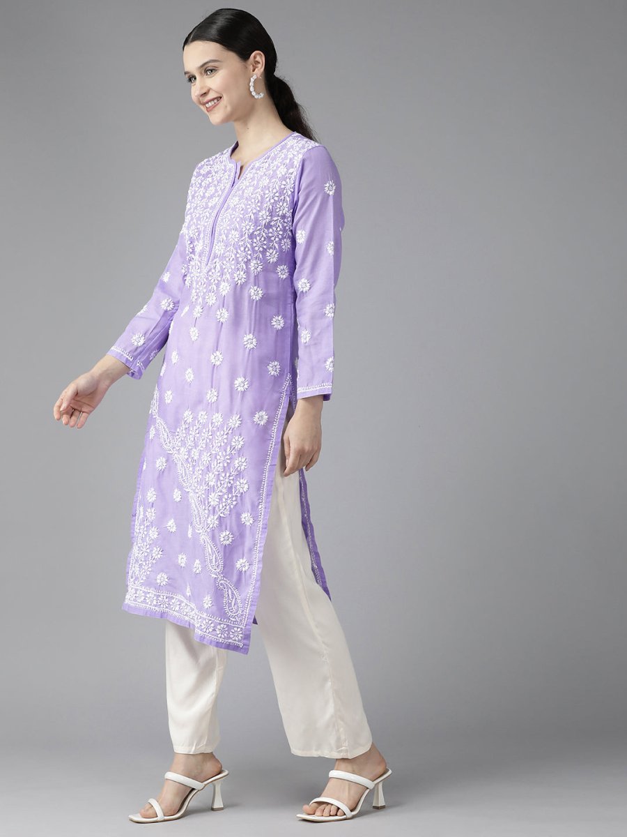 ADA Women Mauve & White Ethnic Motifs Embroidered Chikankari Kurta 