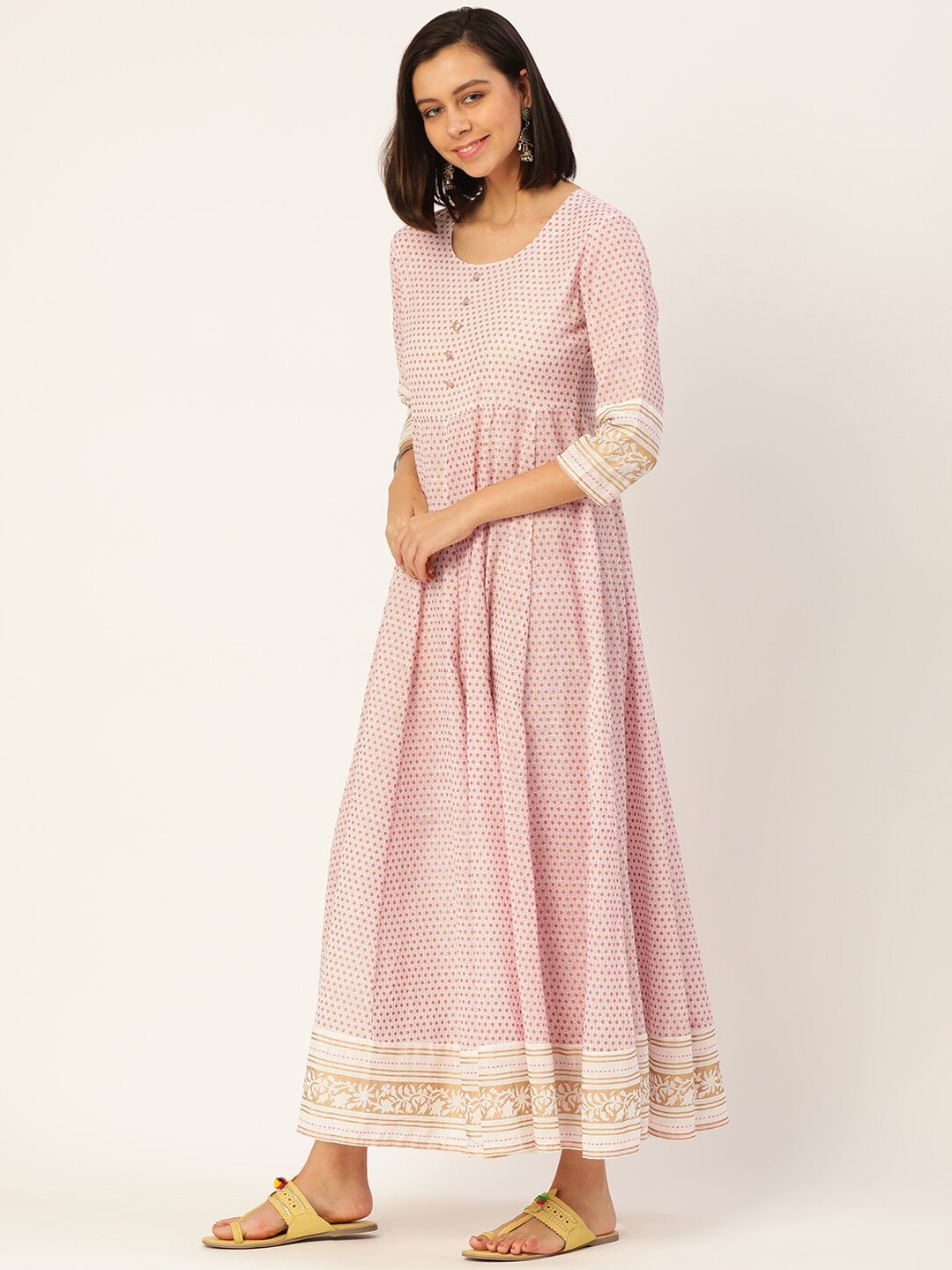 HERE&NOW Printed Anarkali Cotton Kurta With Dupatta