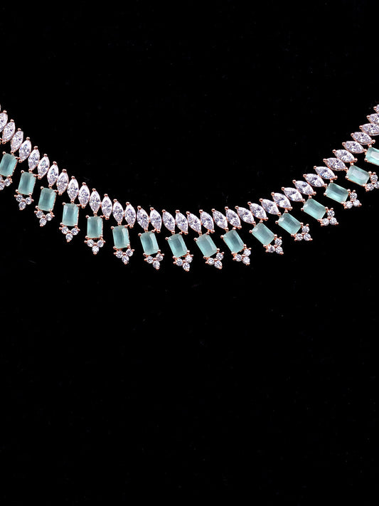 Saraf RS Jewellery Sea Green & Rose Gold-Plated American Diamond Studded Jewellery Set - Grab2buy