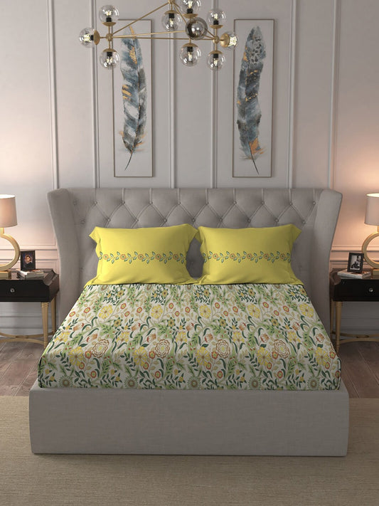 MYTRIDENT Beige White Floral Pure Cotton 144 TC Queen Bedsheet With 2 Pillow Covers 