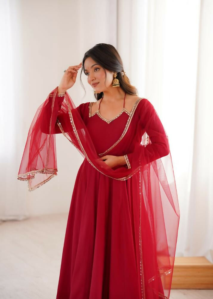 Lehenga Mart Designer Anarkali Suit With Kurta, Pant, Dupatta For Women-Maroon