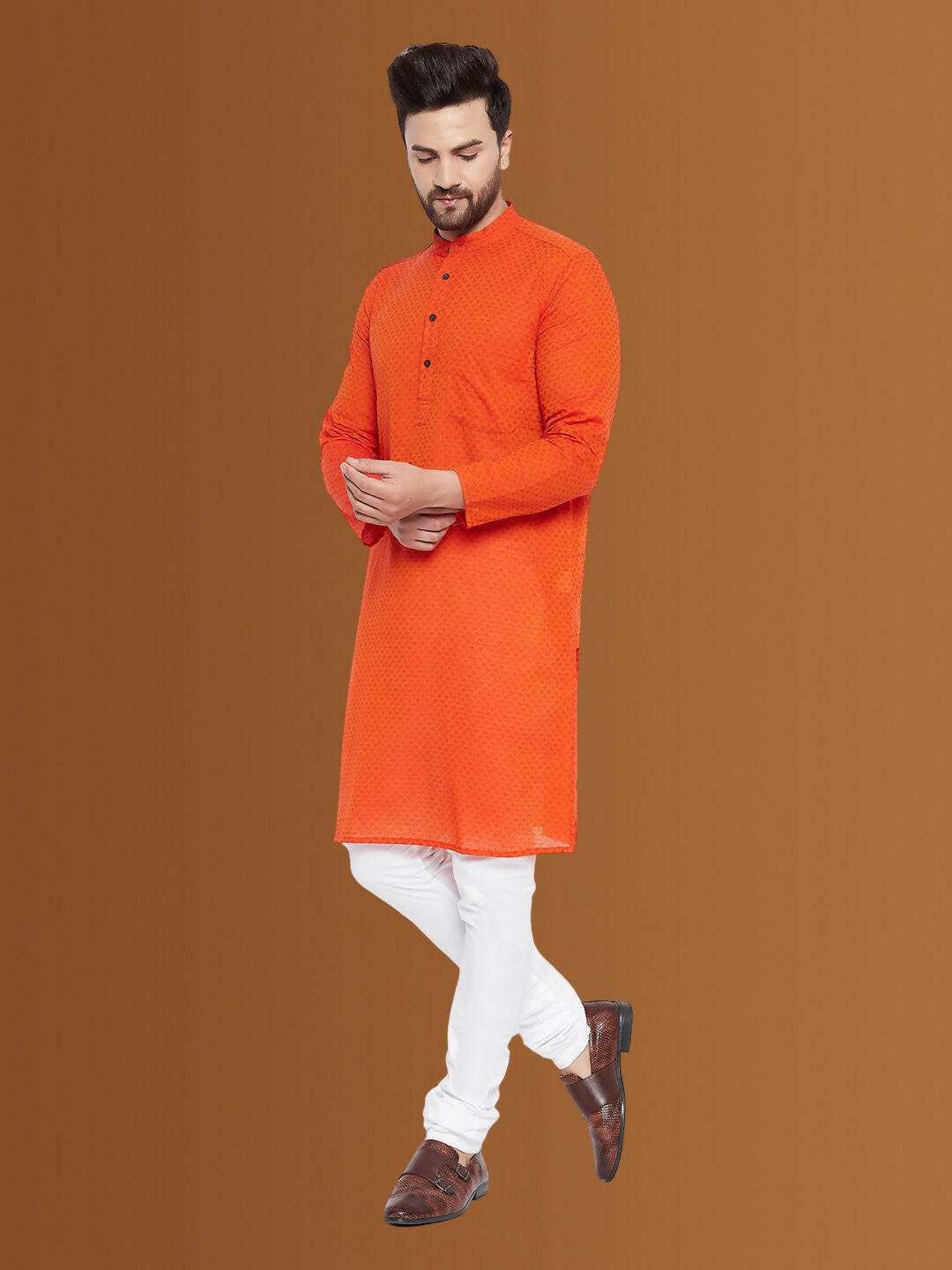 Even Apparels Men's Pure Cotton Orange Striped Kurta