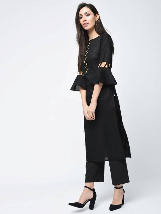 Aniyah Cotton Criss Cross Bell Sleeves Straight Kurta In Black (AN-101C) 