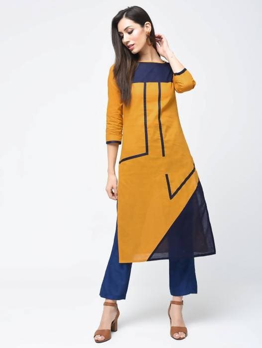 Aniyah Cotton Color Block Straight Kurta In Mustard Color (AN-102K) 