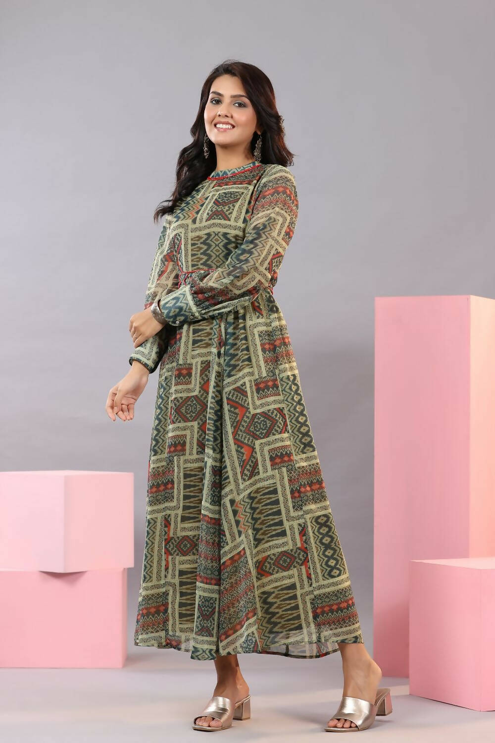 Juniper Women Green Chiffon Printed Maxi Dress