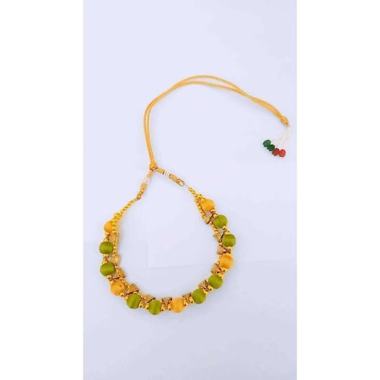 Green and Gold Silk Threaded Necklace Set with Earrings and Maang Tika - Grab2buy