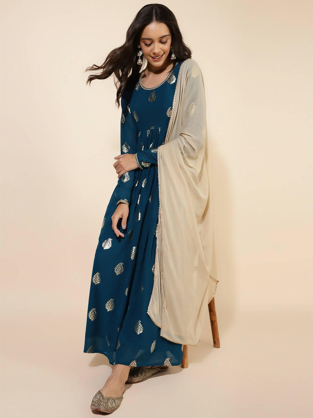 Janasya Women's Teal Blue Georgette Foil Printed Festive Flared Kurta Set 
