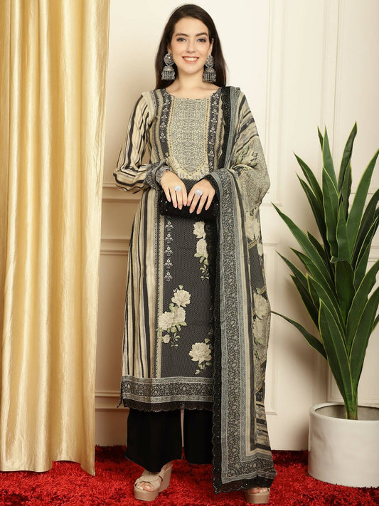 Aastha Fashion Women's Black Pashmina Digital Printed with Embroidered Lace work Kurta with Trouser & Dupatta - Grab2buy
