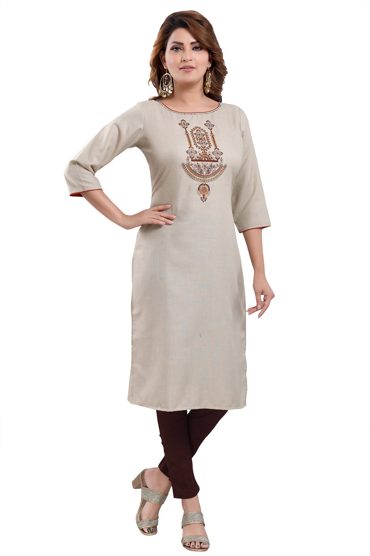 Snehal Creations Boastful Beige Color Casual Cotton Ladies Kurti With Embroidery