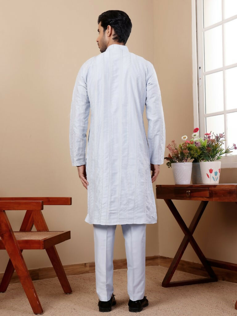 Light Blue Silk Designer Embroidery Work Men's Rajwadi Kurta Set - Mahotsav