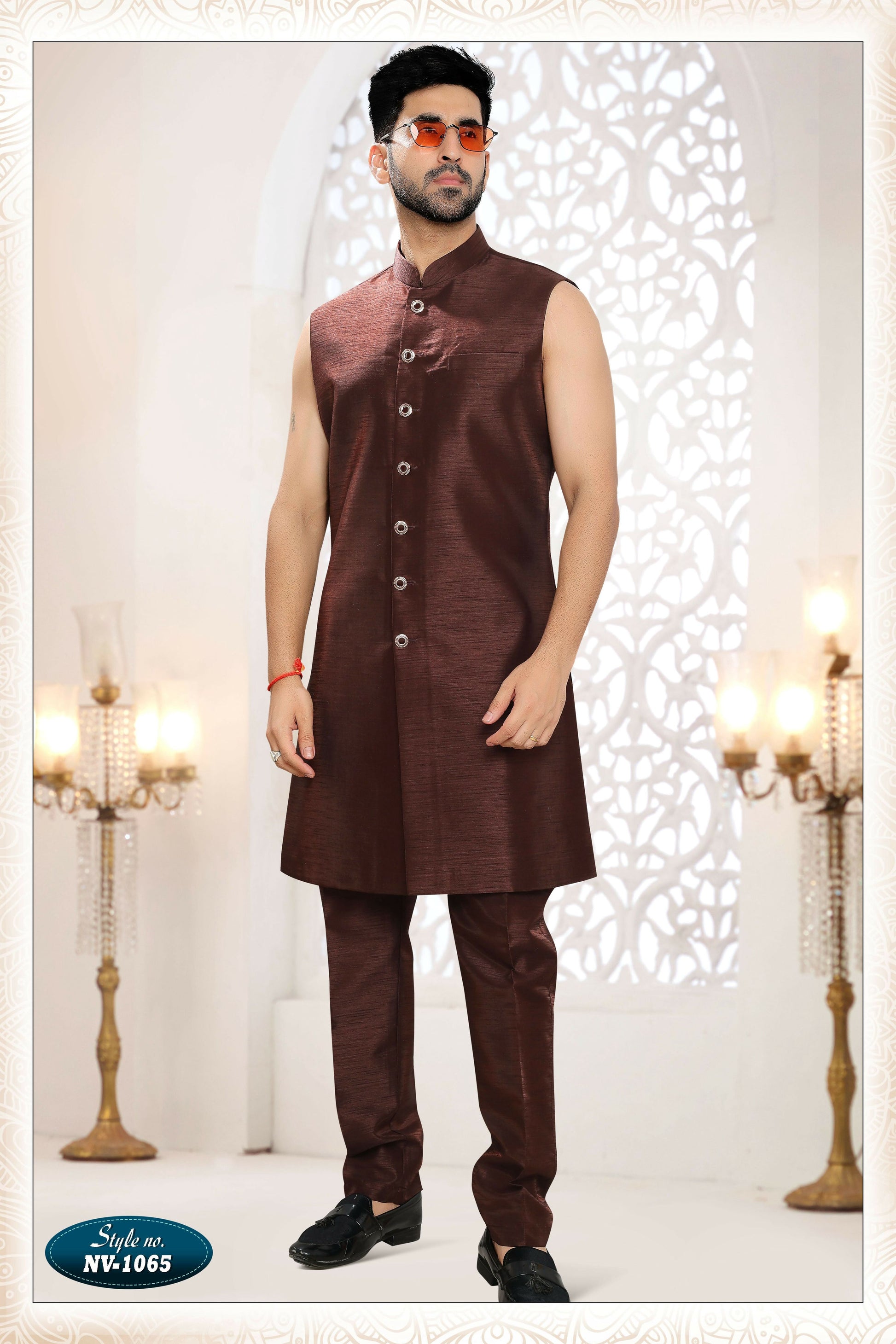 Joban Fashion Men's Skin Brown Straight Silk Thread And Sequence Embroidery All Over 3 Pc Kurta Set