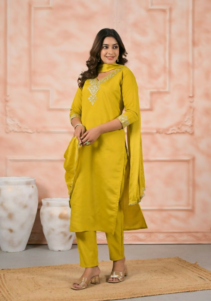 Ethnic Festive Wear Chanderi Yellow Stitched Suit With Dupatta - Anbazaar