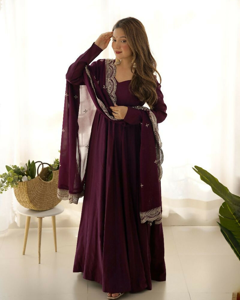 Joban Fashion Wine Kurta Set Chanderi Sequence Embroidery Work 