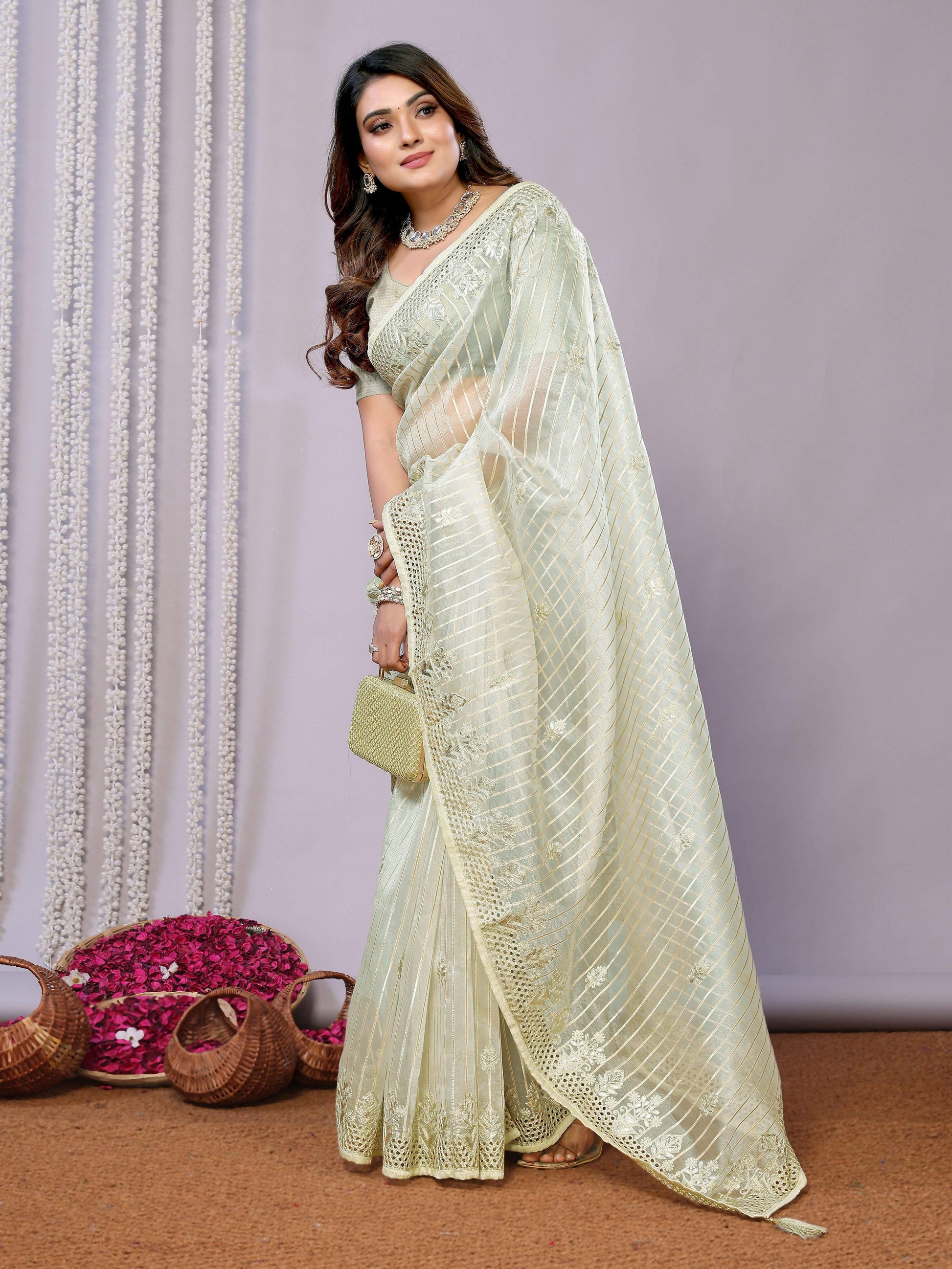 Green Silk Embroidered Saree With Stitched Blouse - Nimaya Kaksha