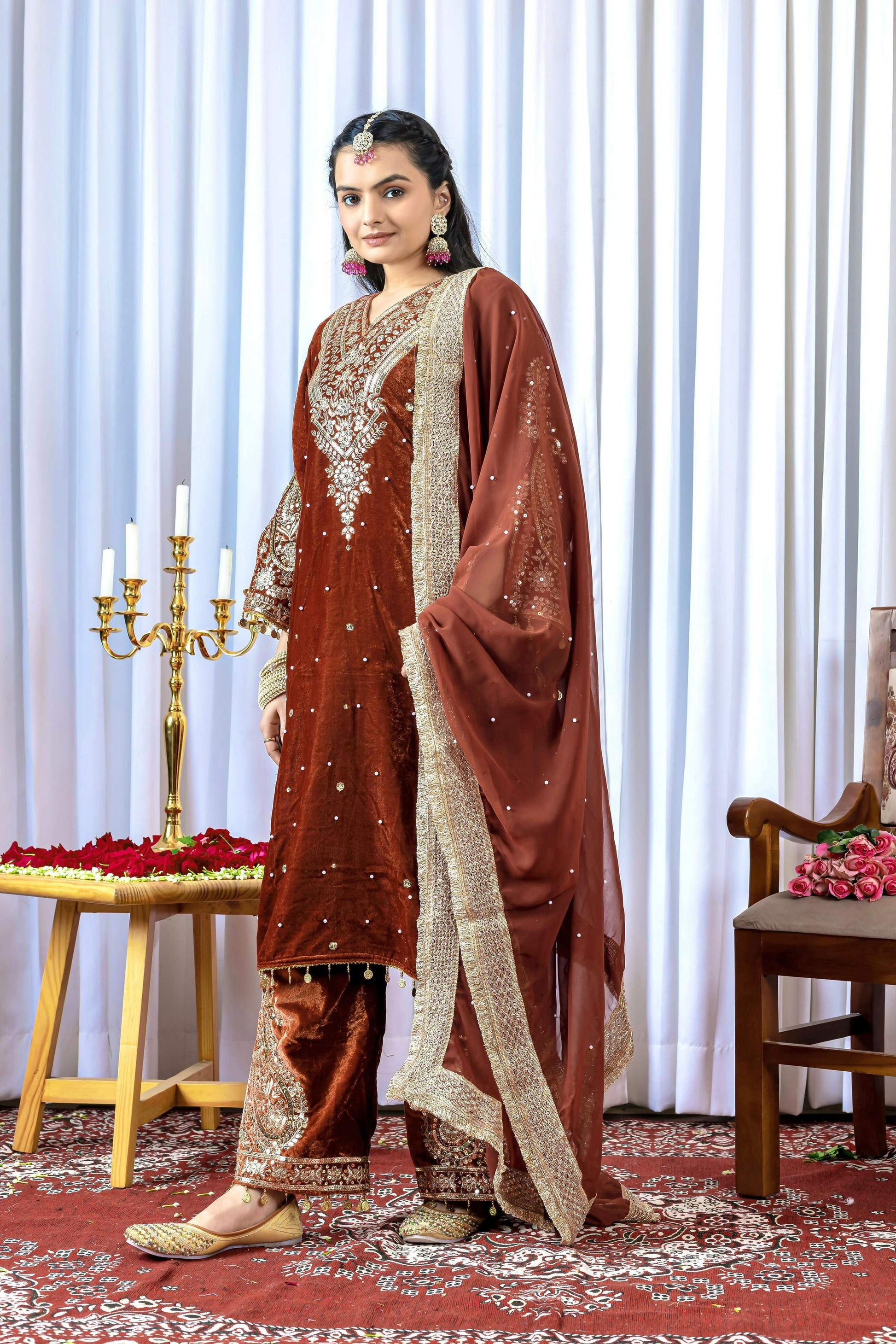 Joban Fashion Rust Brown Velvet Embroidery Kurta Set