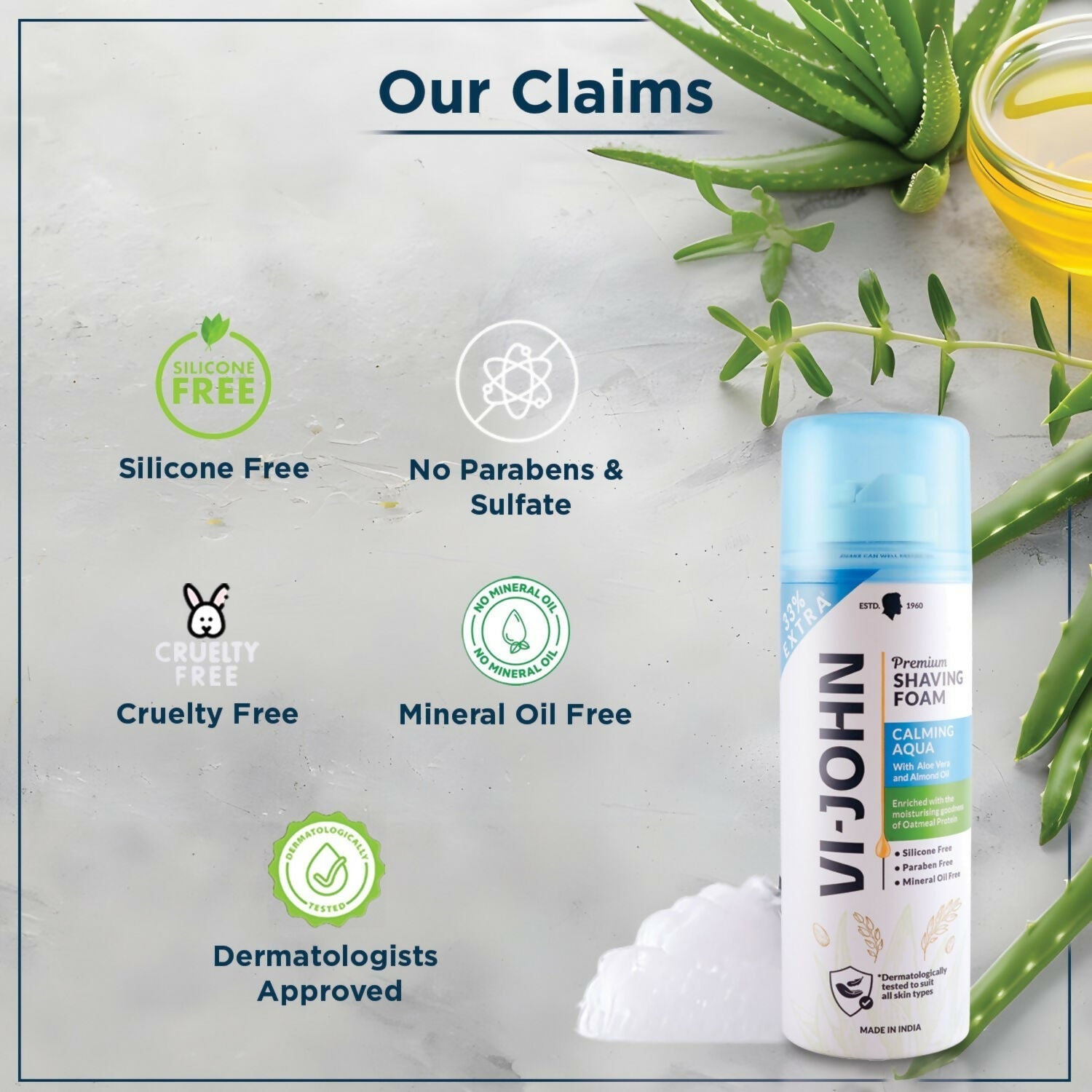 VI-JOHN Dermatologically Tested Premium Claming Aqua Shaving Foam Enriched with Aloevera & Almond Oil Free From Silicone, Paraben & Mineral Oil  Grab2Buy VI-JOHN Grab2Buy