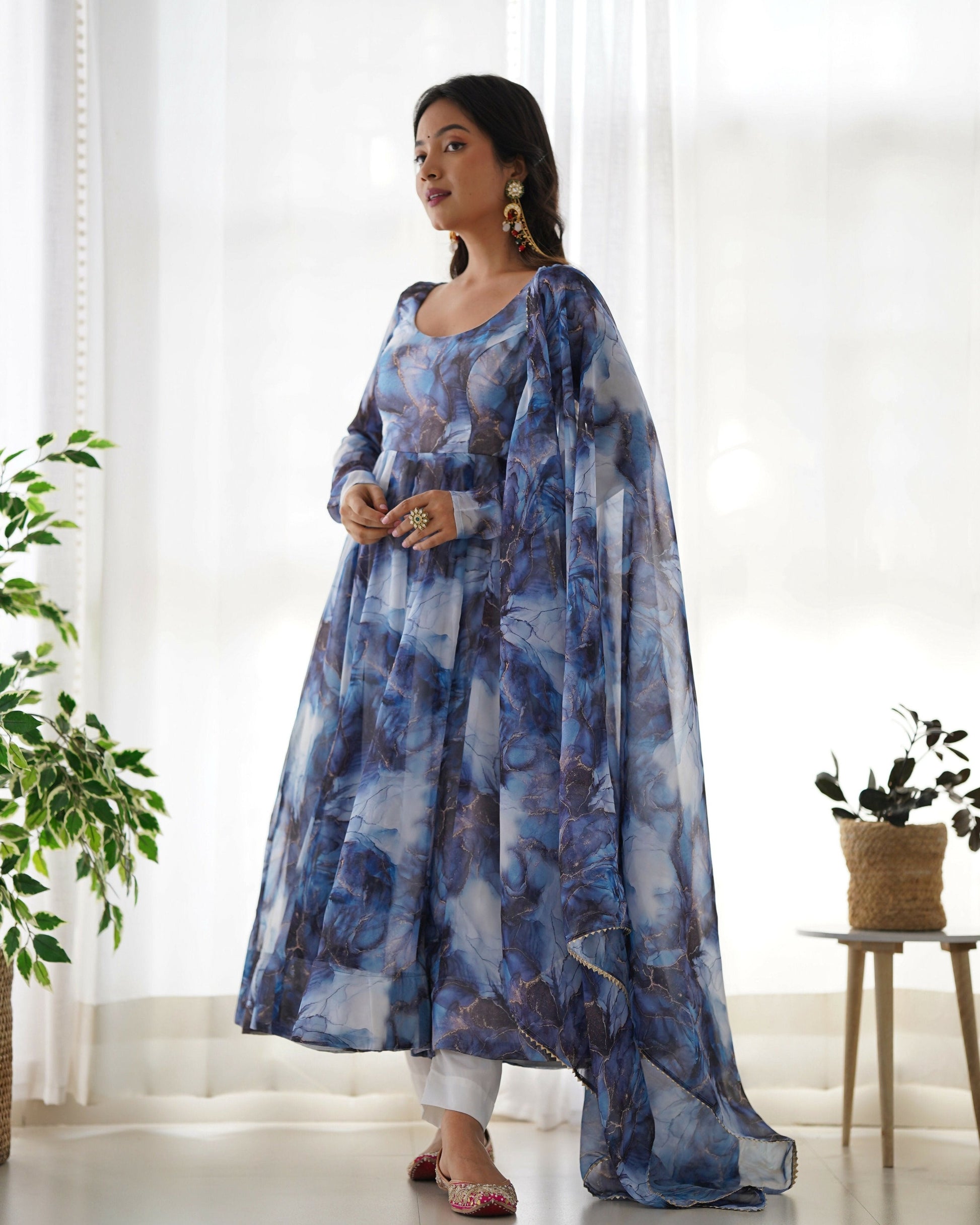 Joban Fashion Navy Blue Kurta Set Organza Sequin Embroidery Work 