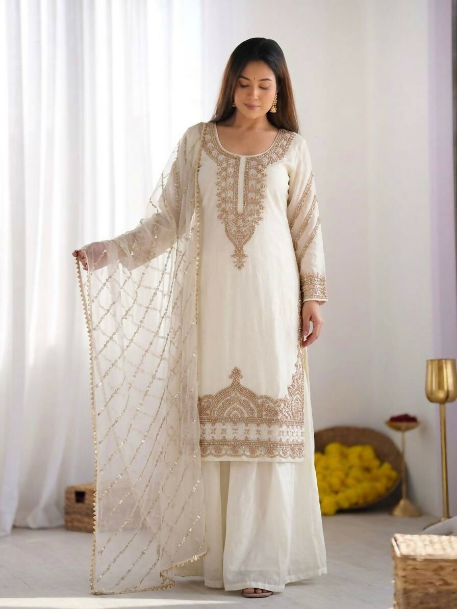 Teeya Creation Womens New Trendy Stylish Fancy Embroidery Beads Work Kurta Sharara Set For Wedding Wear - White