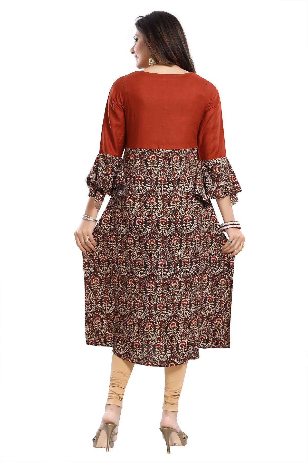 Snehal Creations Rust Rayon Printed Flared Long Tunic