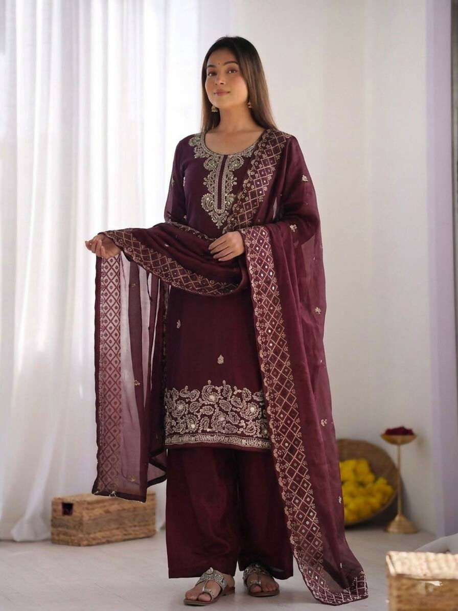 Teeya Creation Womens New Trendy Stylish Embroidery Beads Work Palazzo Kurta Set -Maroon
