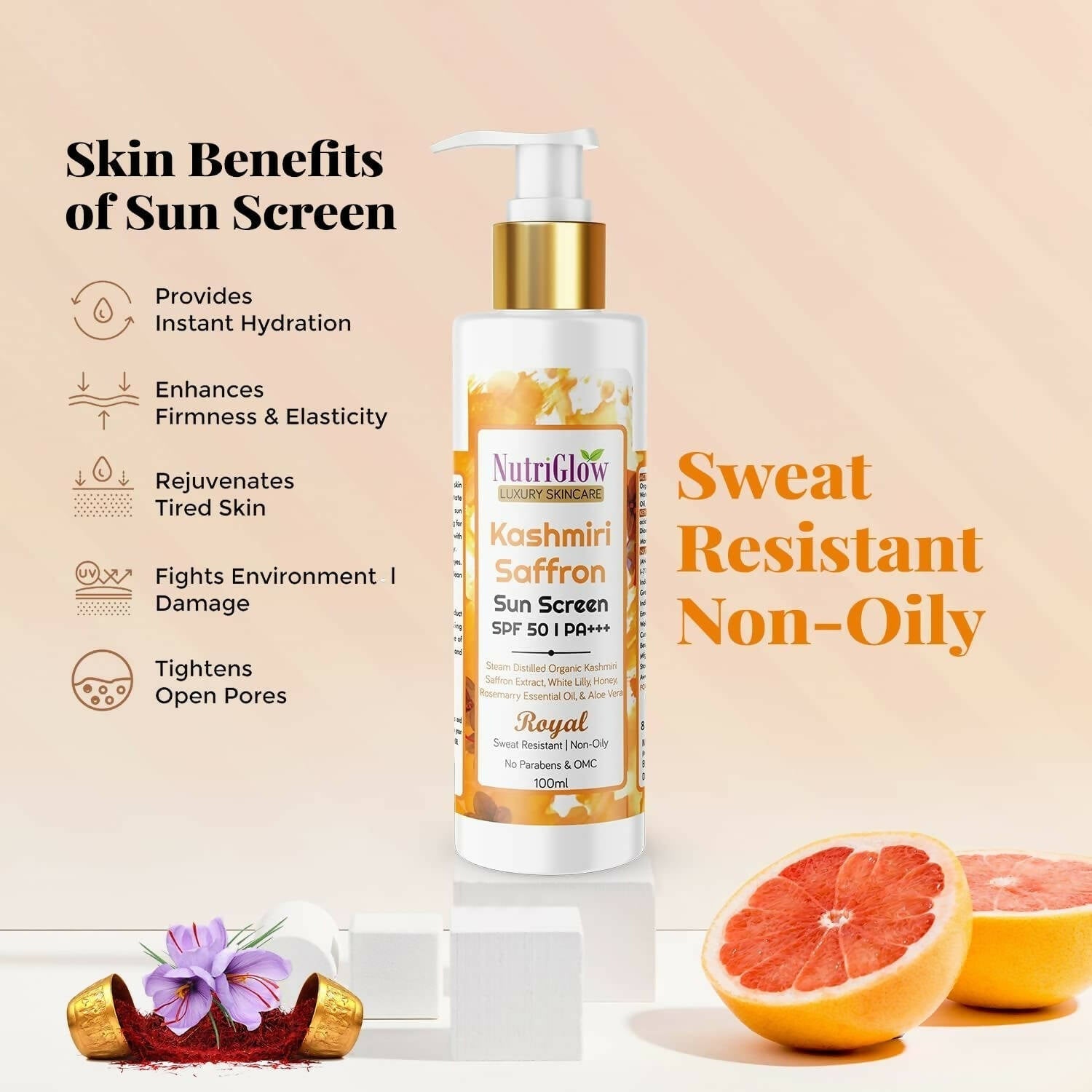 NutriGlow Luxury Skincare Kashmiri Saffron Sunscreen Serum 50 PA+++ 
