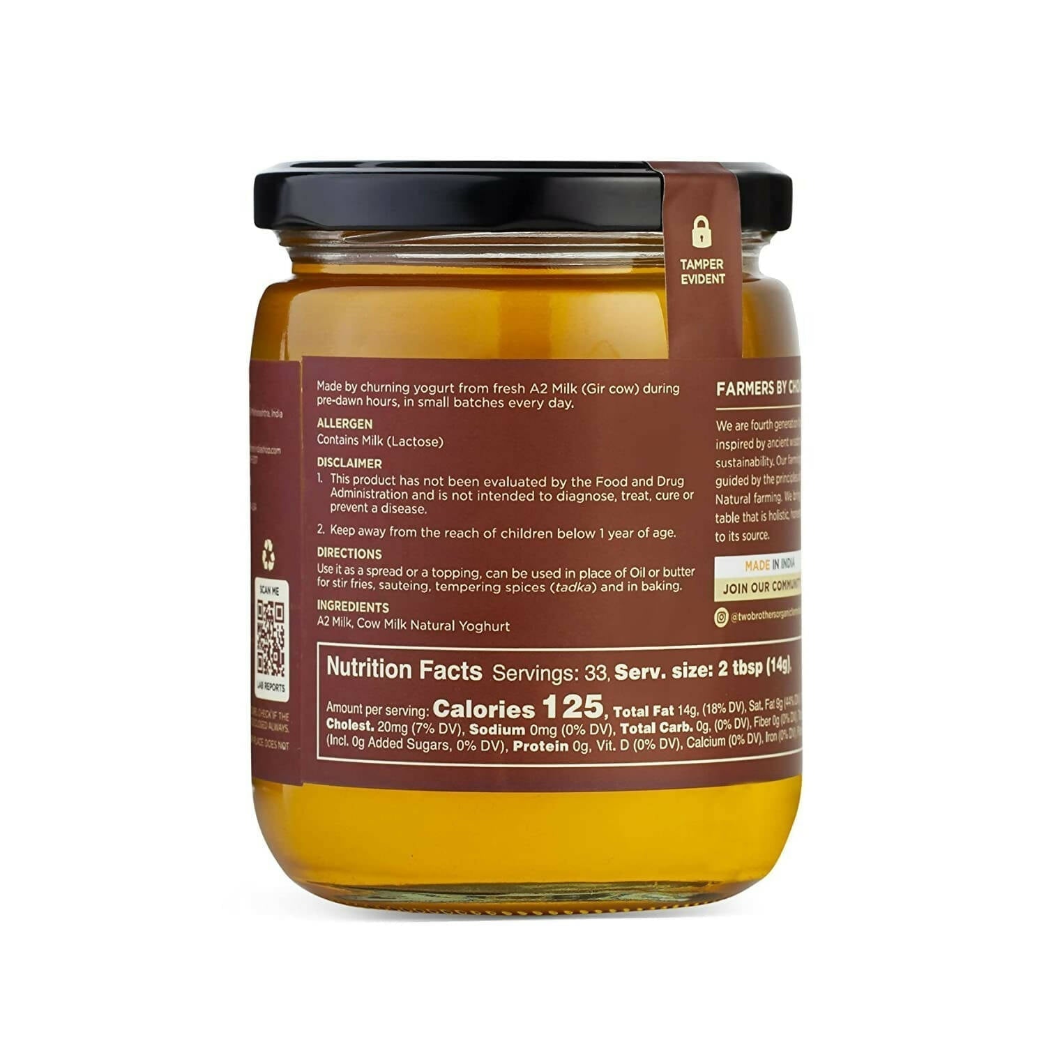 Two Brothers Organic Farms - A2 Ghee Cultured Cow Desi Ghee | 100% Pure and Natural - Desi Ghee - Highly Nutritious - Boost Immunity & Energy 