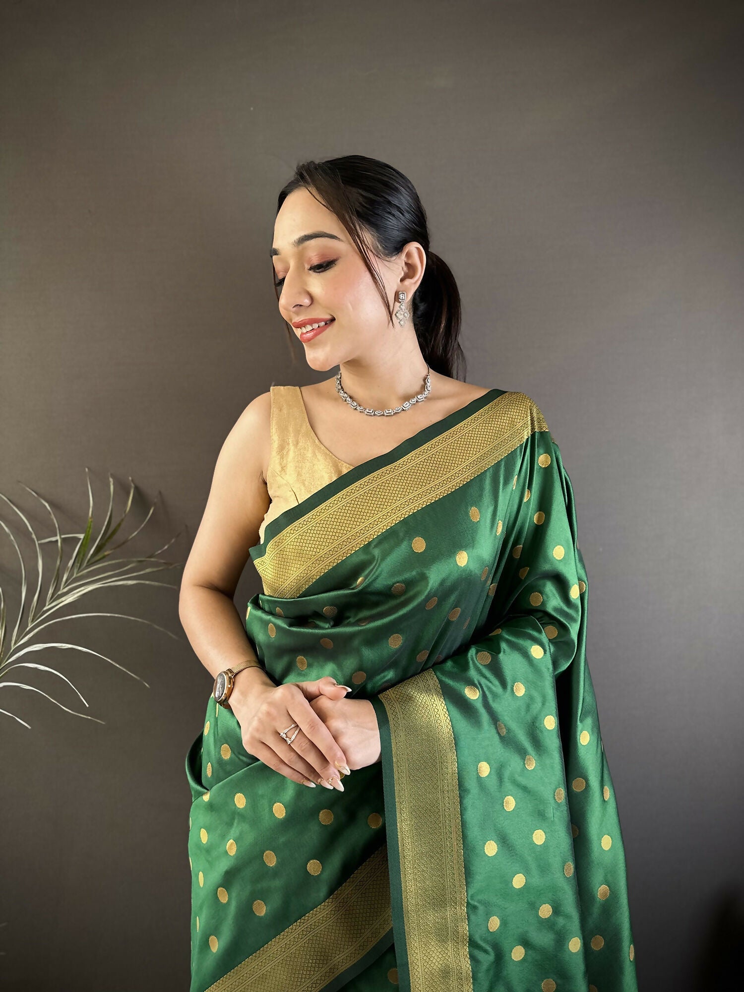 Joban Fashion Green Polka Dot Lichi Silk Paithani Silk Saree