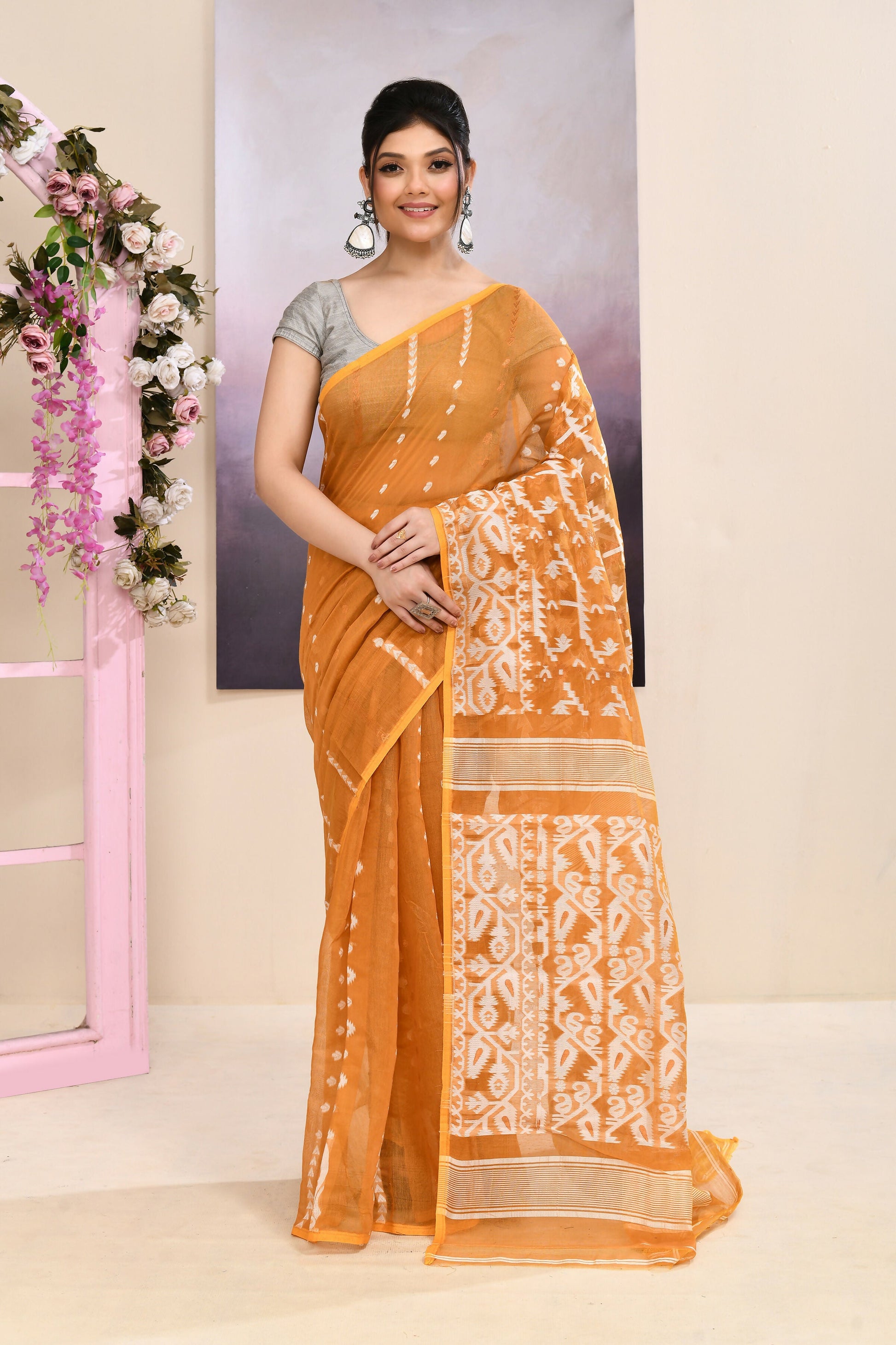 Piyari Fashion Women's Mustard Embellished Cotton Blend Jamdani Saree