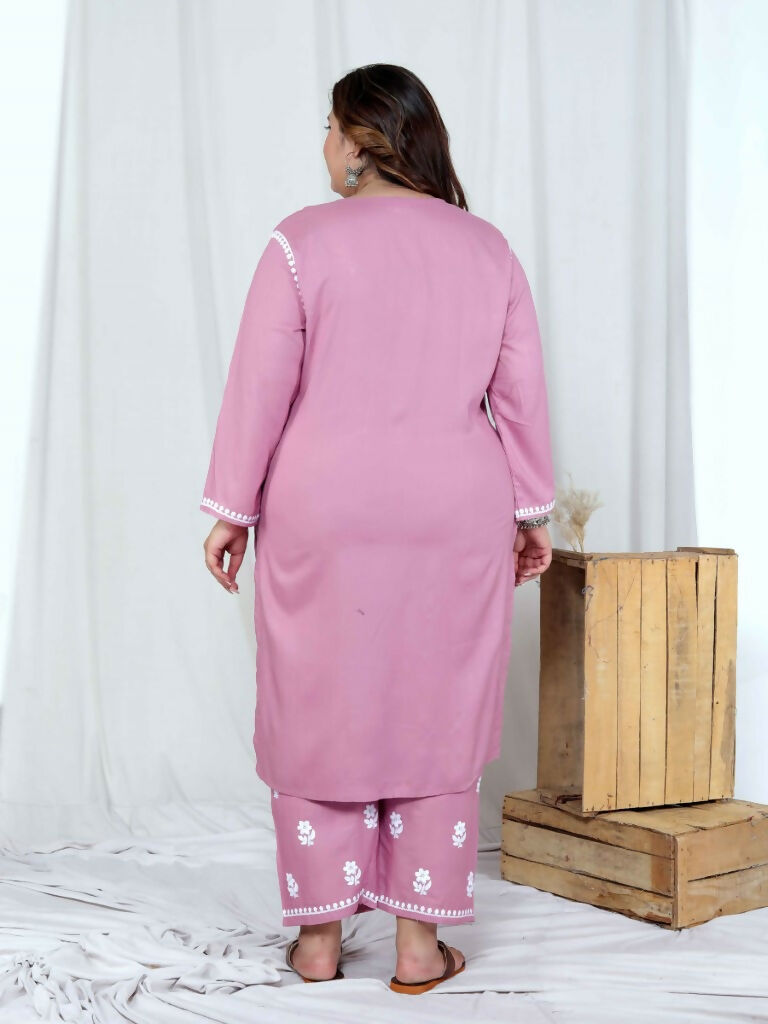 Miravan Women's Plus Size Chikankari Embroidery Pink Straight Kurta And Palazzo Set 
