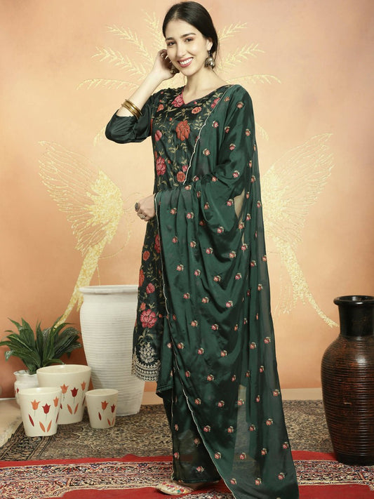 Aastha Fashion Women's Green Upada Silk Floral Resham Thread Kurta with Trouser & Dupatta - Grab2buy