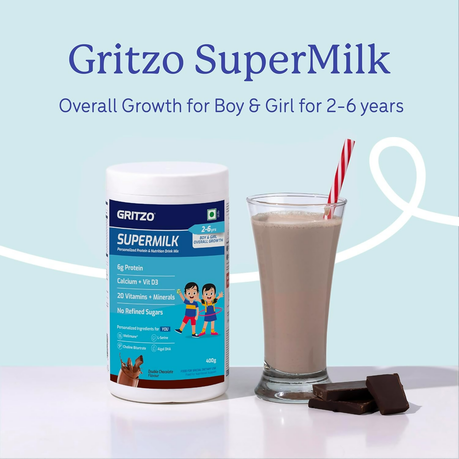 Gritzo SuperMilk Overall Growth (2-6y Boy & Girl) (Double Chocolate) with Super Gummies (Natural Orange Flavour)