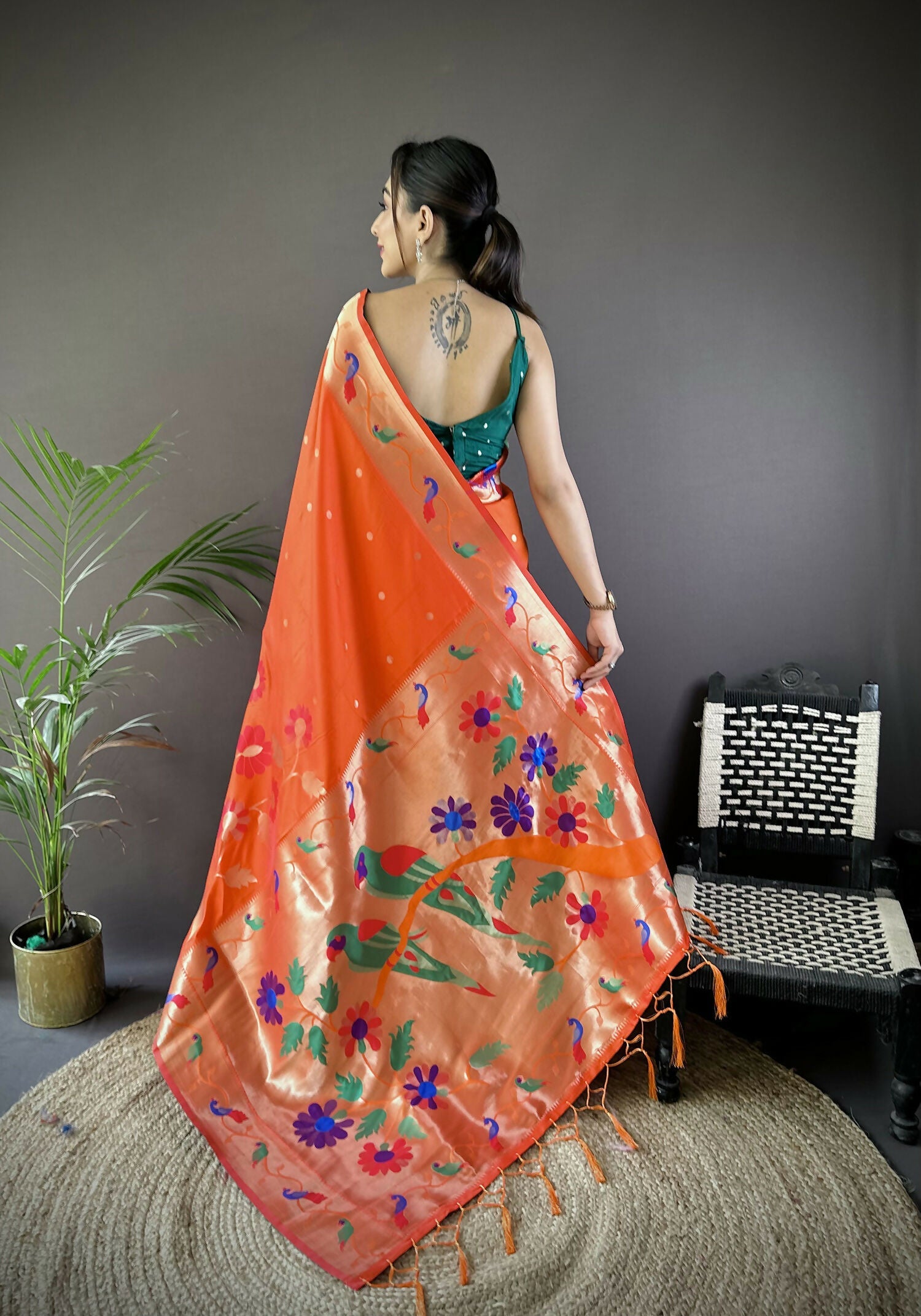 Joban Fashion Orange Zari Woven Floral Motifs Soft Silk Paithani Silk Saree