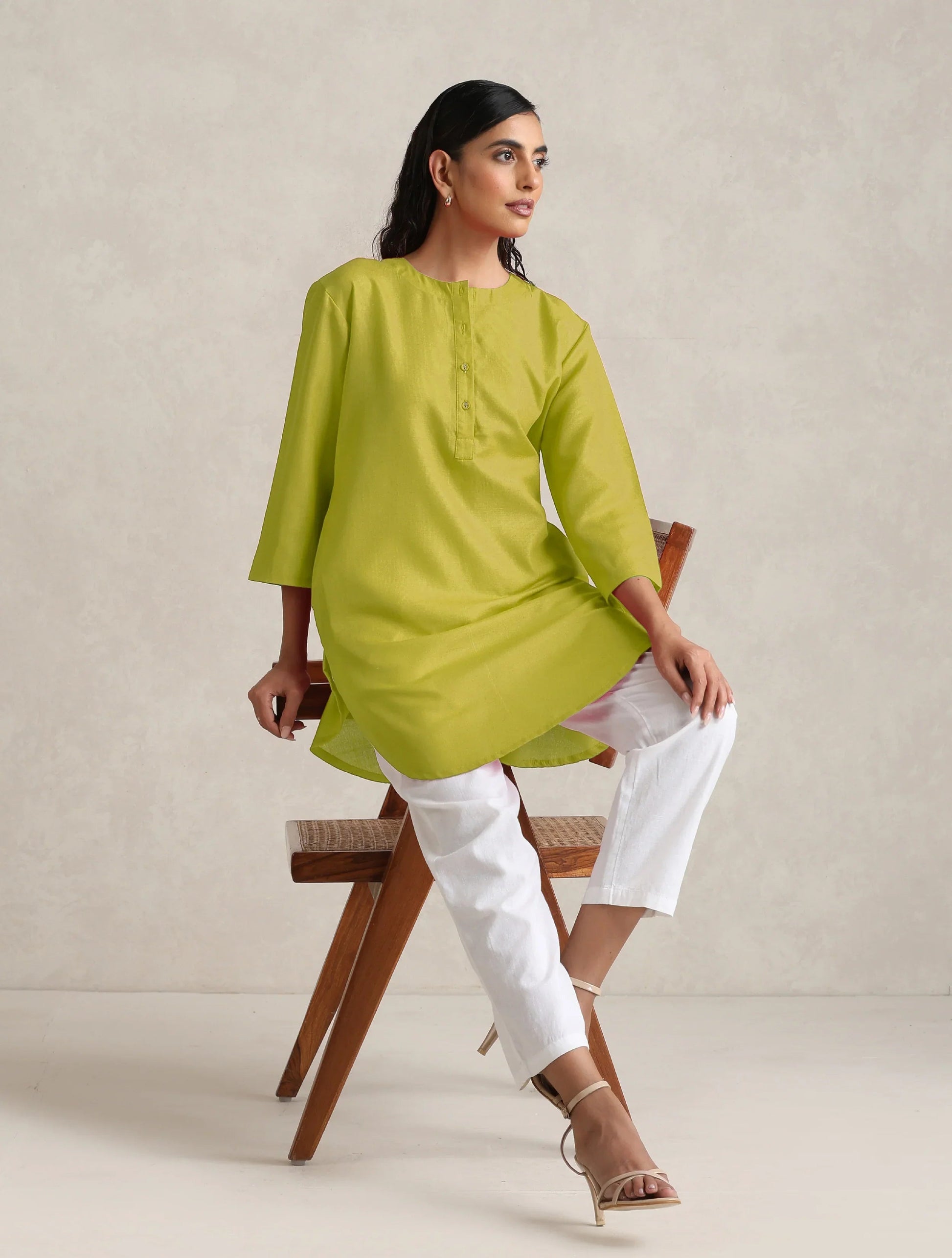 trueBrowns Lime Cotton Blend Short Kurta 
