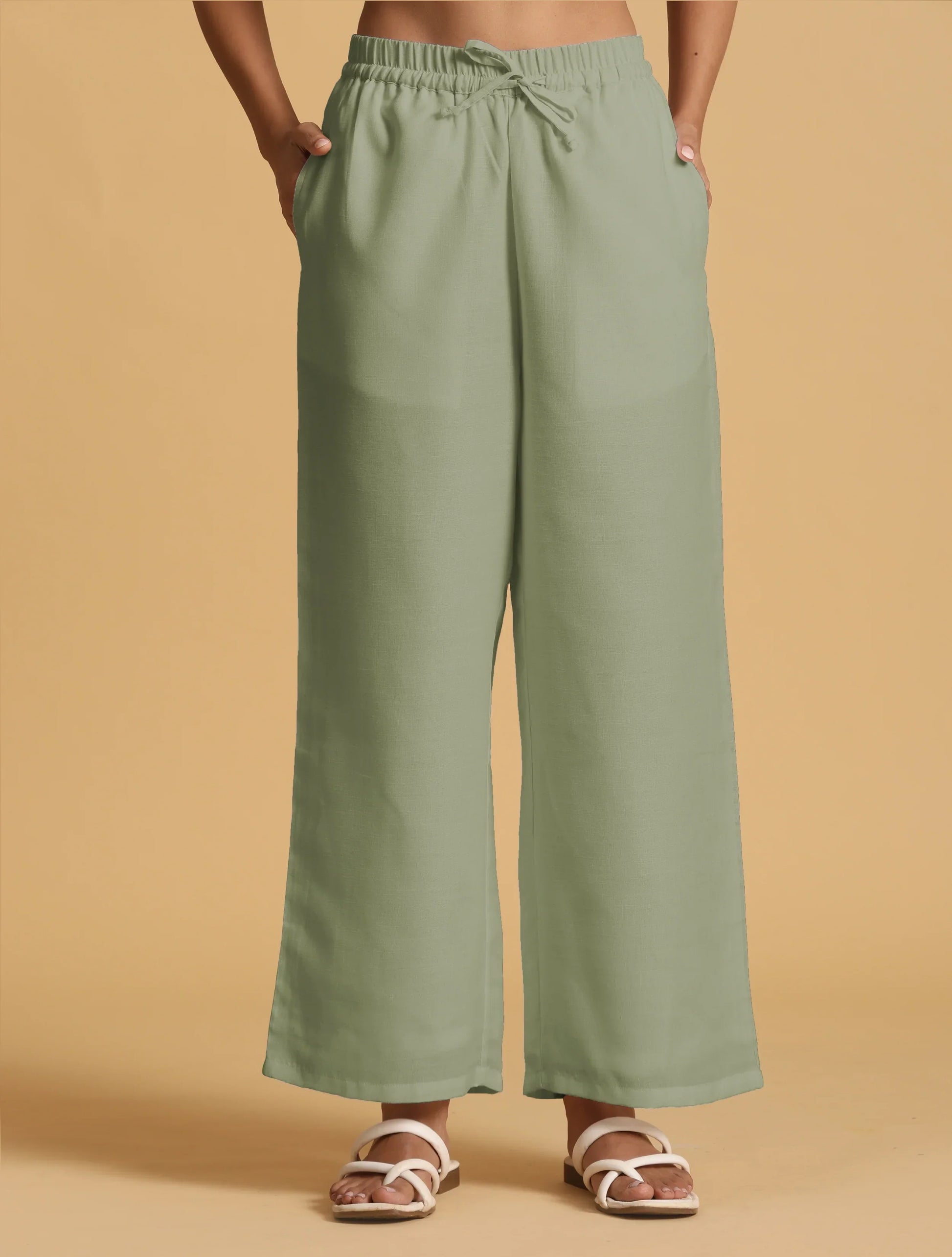 trueBrowns Mint Green Cotton Blend Elasticated Drawstring Straight Pants | Swadesiicart