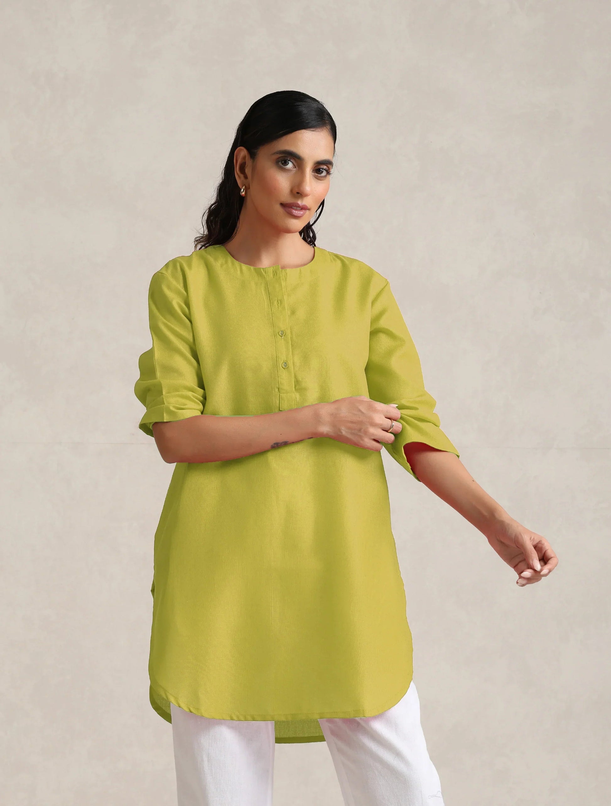 trueBrowns Lime Cotton Blend Short Kurta 
