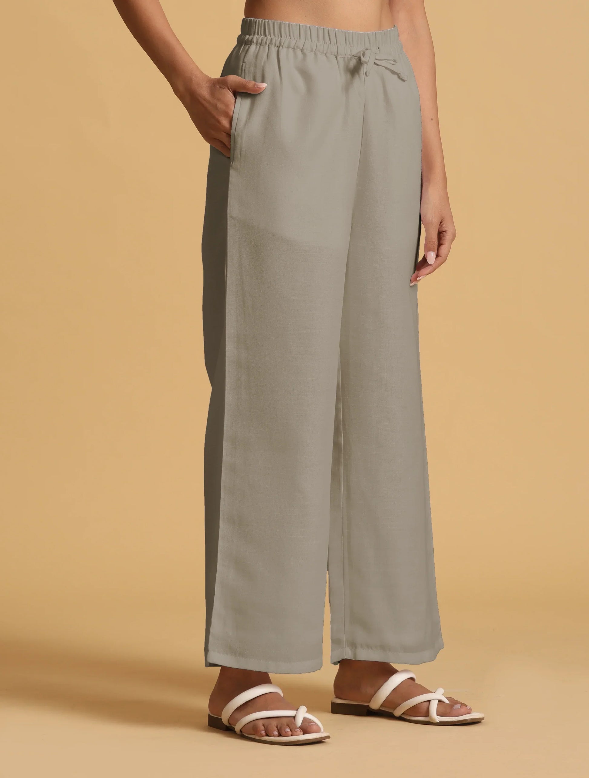 trueBrowns Grey Cotton Blend Elasticated Drawstring Straight Pants | Swadesiicart