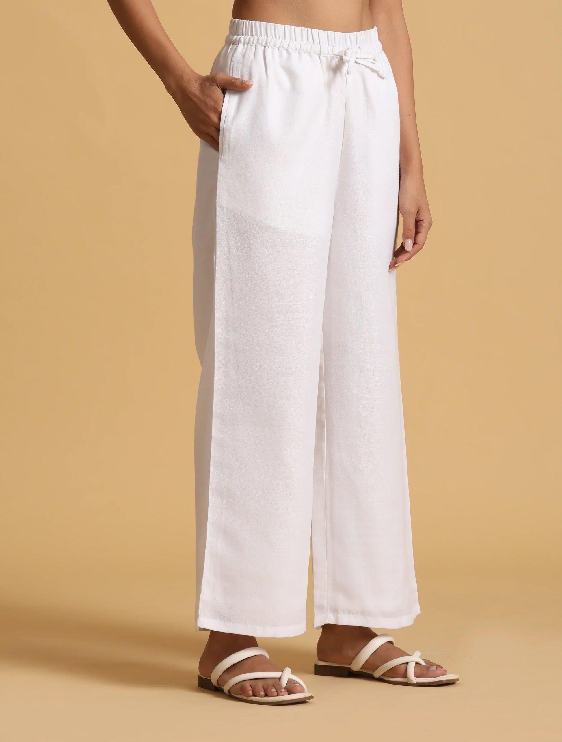 trueBrowns White Cotton Blend Elasticated Drawstring Straight Pants | Swadesiicart