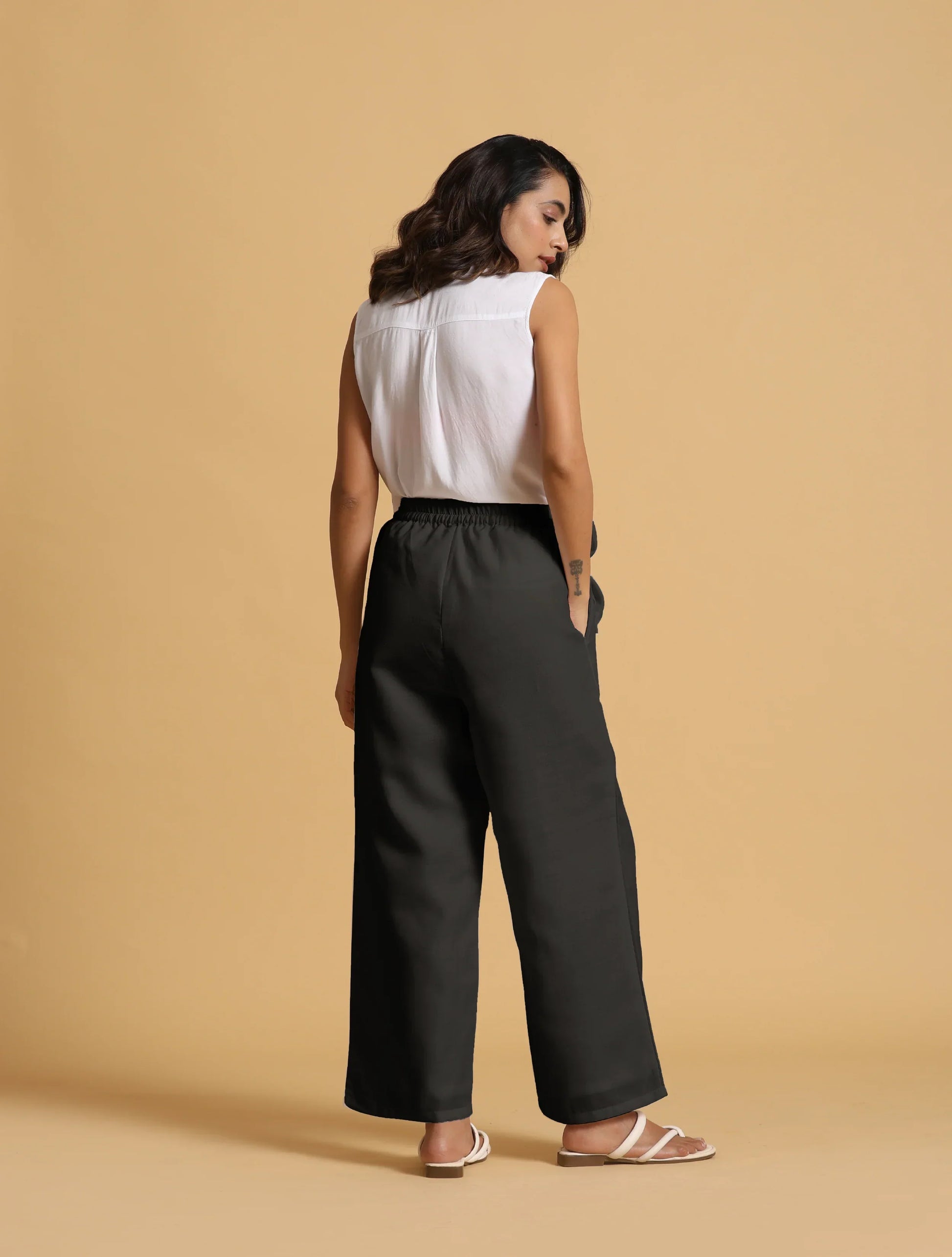 trueBrowns Black Cotton Blend Elasticated Drawstring Straight Pants | Swadesiicart