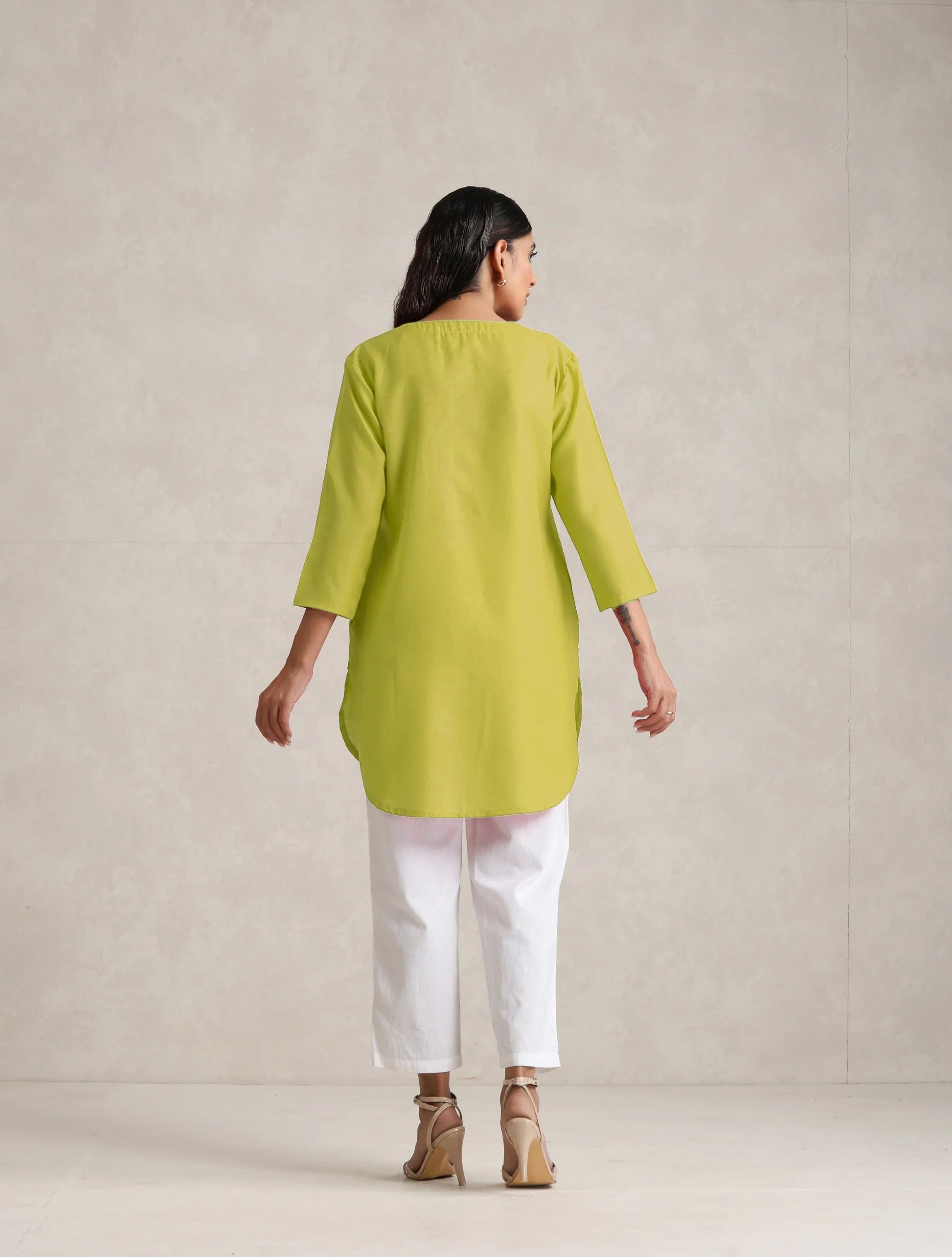 trueBrowns Lime Cotton Blend Short Kurta 