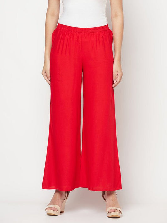 Aniyah Rayon Flared Slip-On Red Palazzo