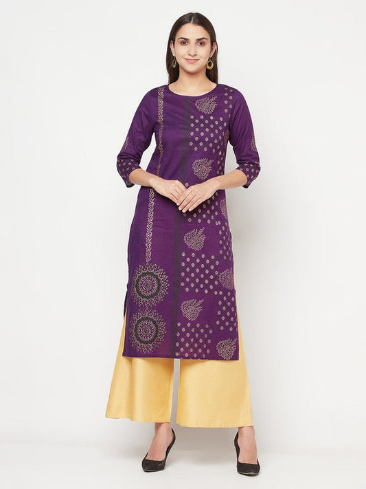 Aniyah Cotton Foil Print Purple Straight Kurta | Grab2Buy