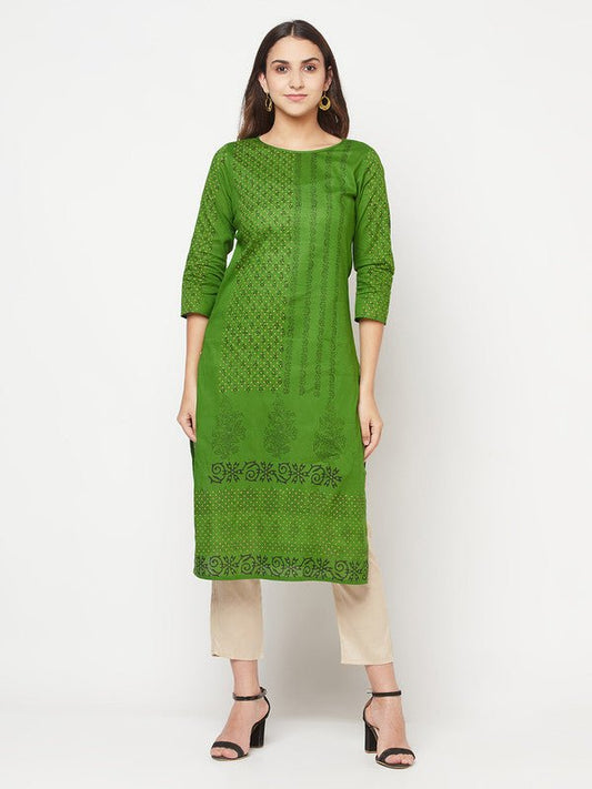 Aniyah Green Cotton Block print straight kurta | Grab2Buy