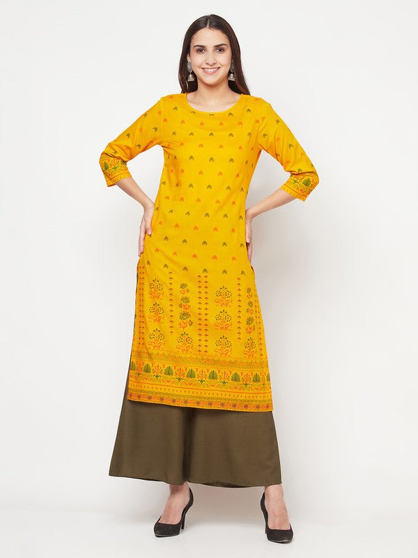 Aniyah Rayon Screen Print Mustard Straight Kurta | Grab2Buy