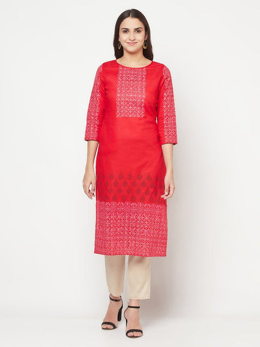 Aniyah Cotton Block Print Red Straight Kurta | Grab2Buy