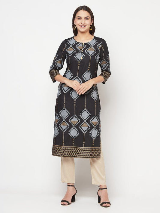 Aniyah Rayon Screen Print Black Straight Kurta | Grab2Buy
