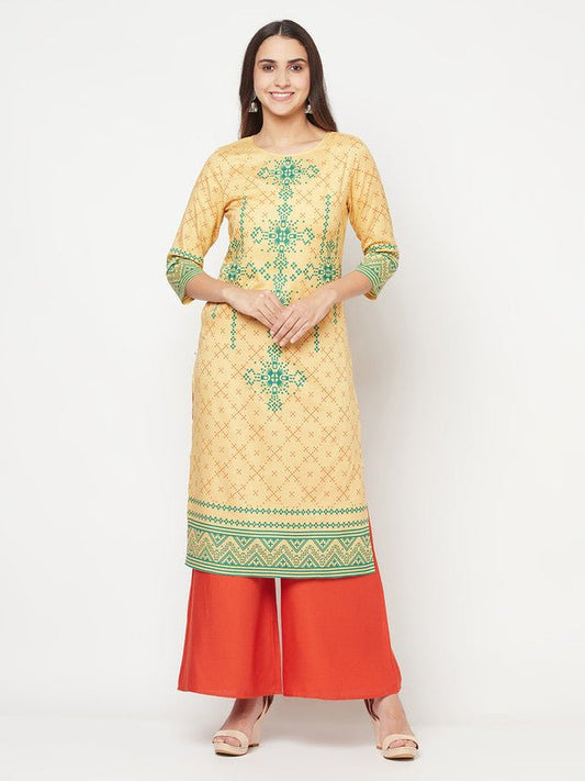 Aniyah Rayon Digital Screen Print Golden Beige Straight Kurta | Grab2Buy