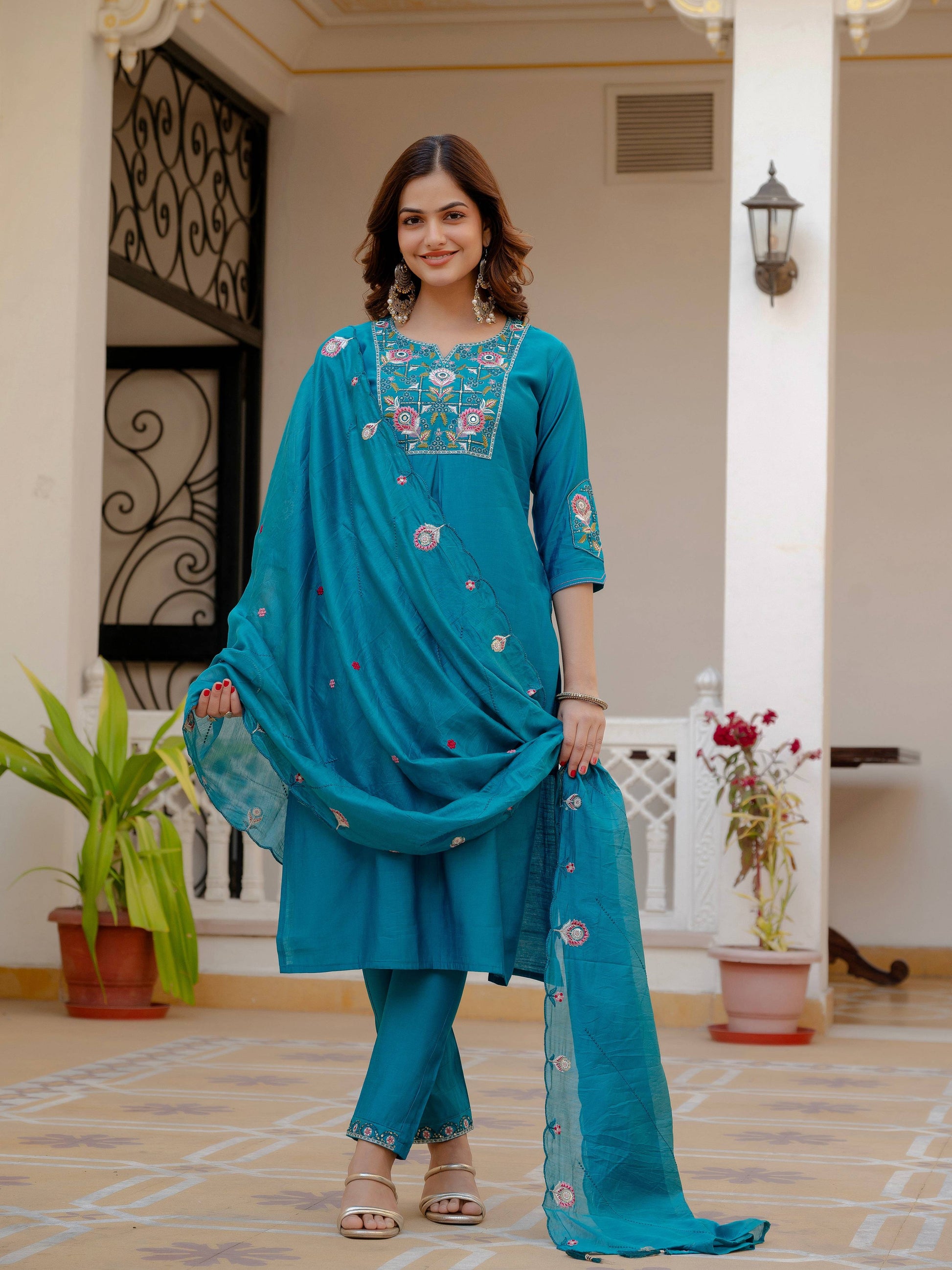 Pramukh Fab Firozi Color Viscose Mango Silk Kurta Set