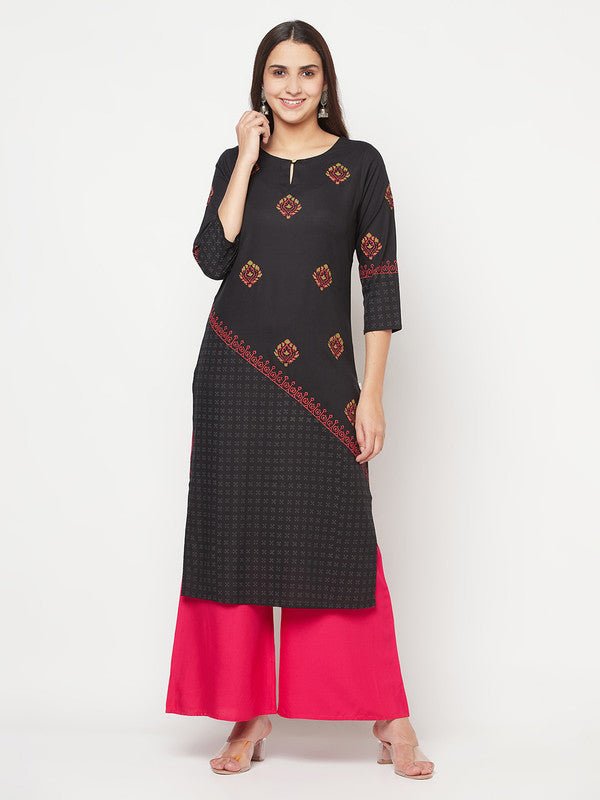 Aniyah Rayon Block Print Straight Kurta - Black | Grab2Buy